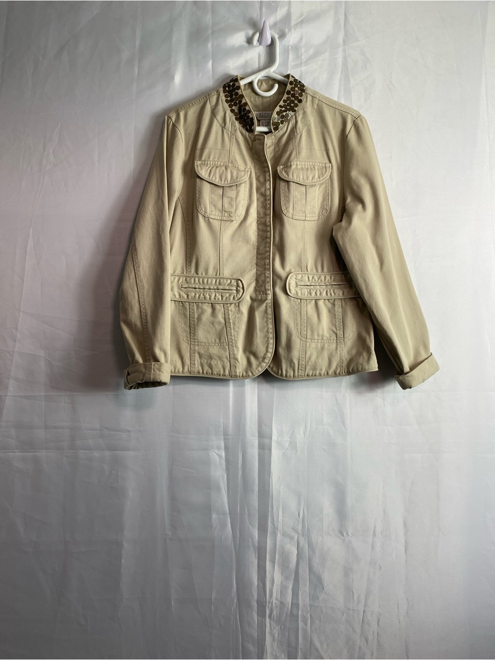 Beaded-Collar Utility Jacket in Beige - Picture 2 of 4